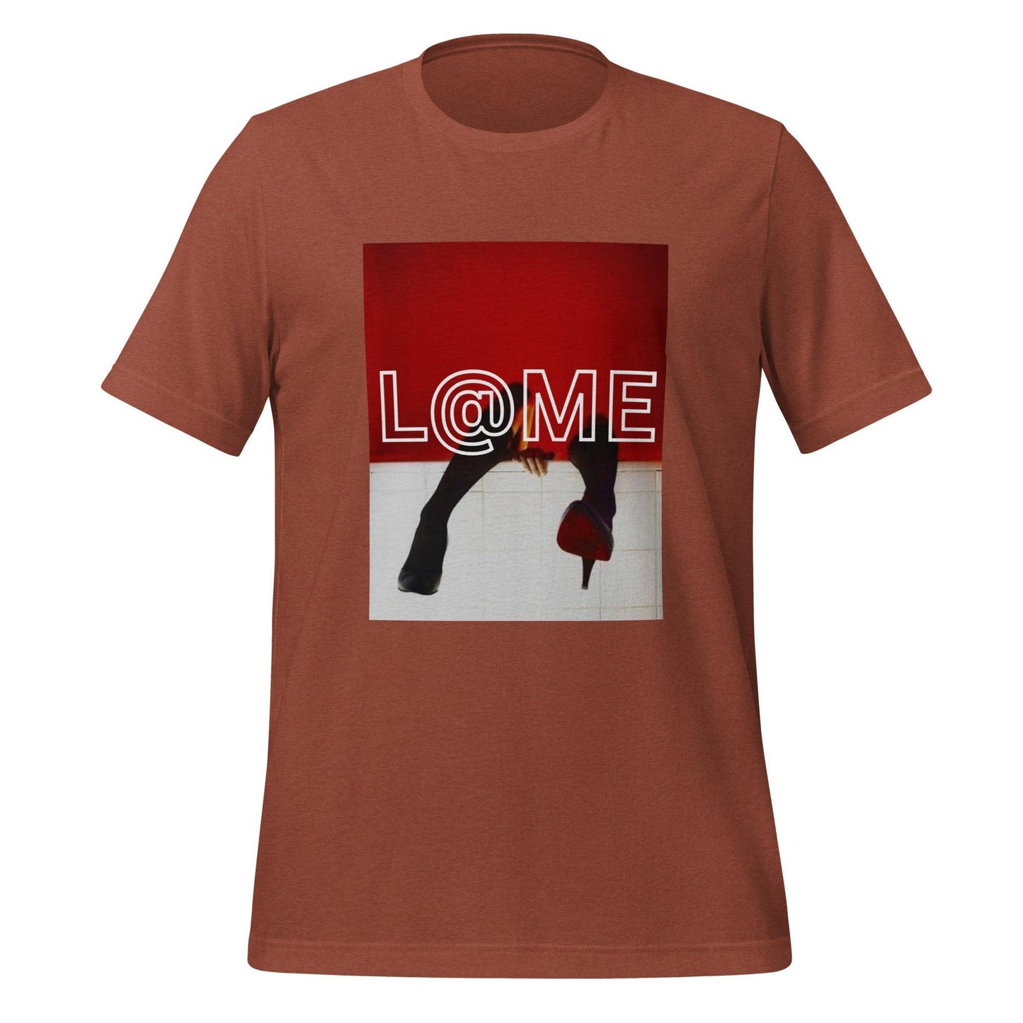 Unisex t-shirt in bold red with black-and-white photography and high-heel design.