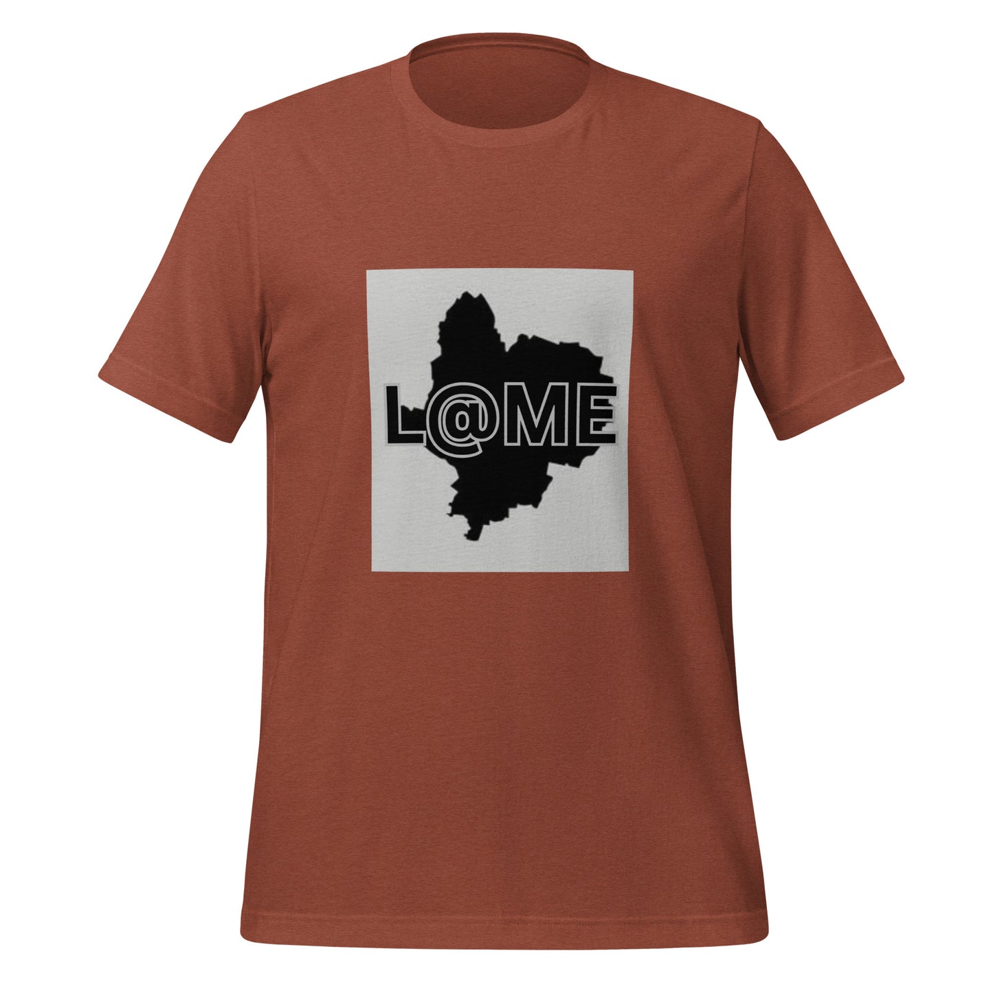 Unisex black and white t-shirt with a bold shadow map graphic on the front.