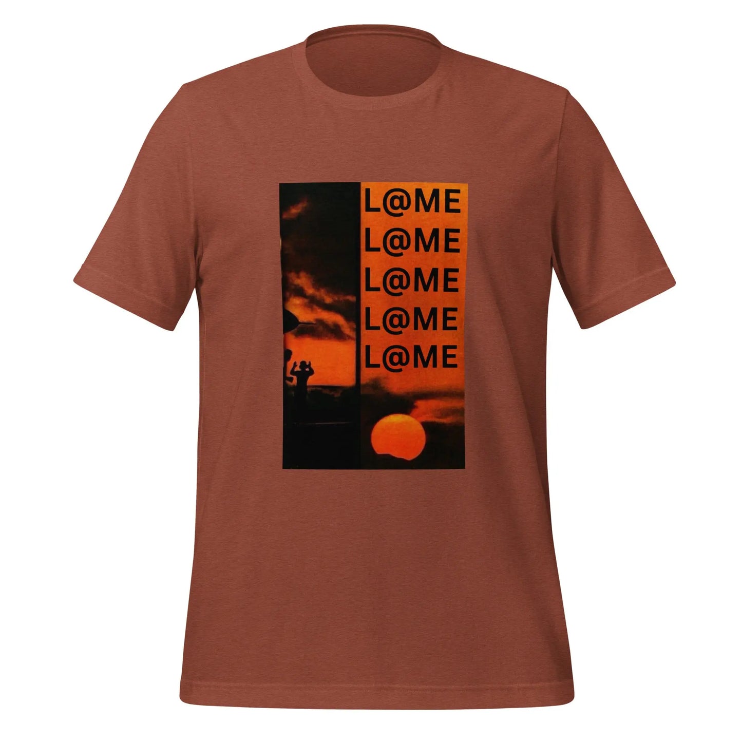 Unisex T-shirt in burnt orange with stacked bold L@ME logo on front