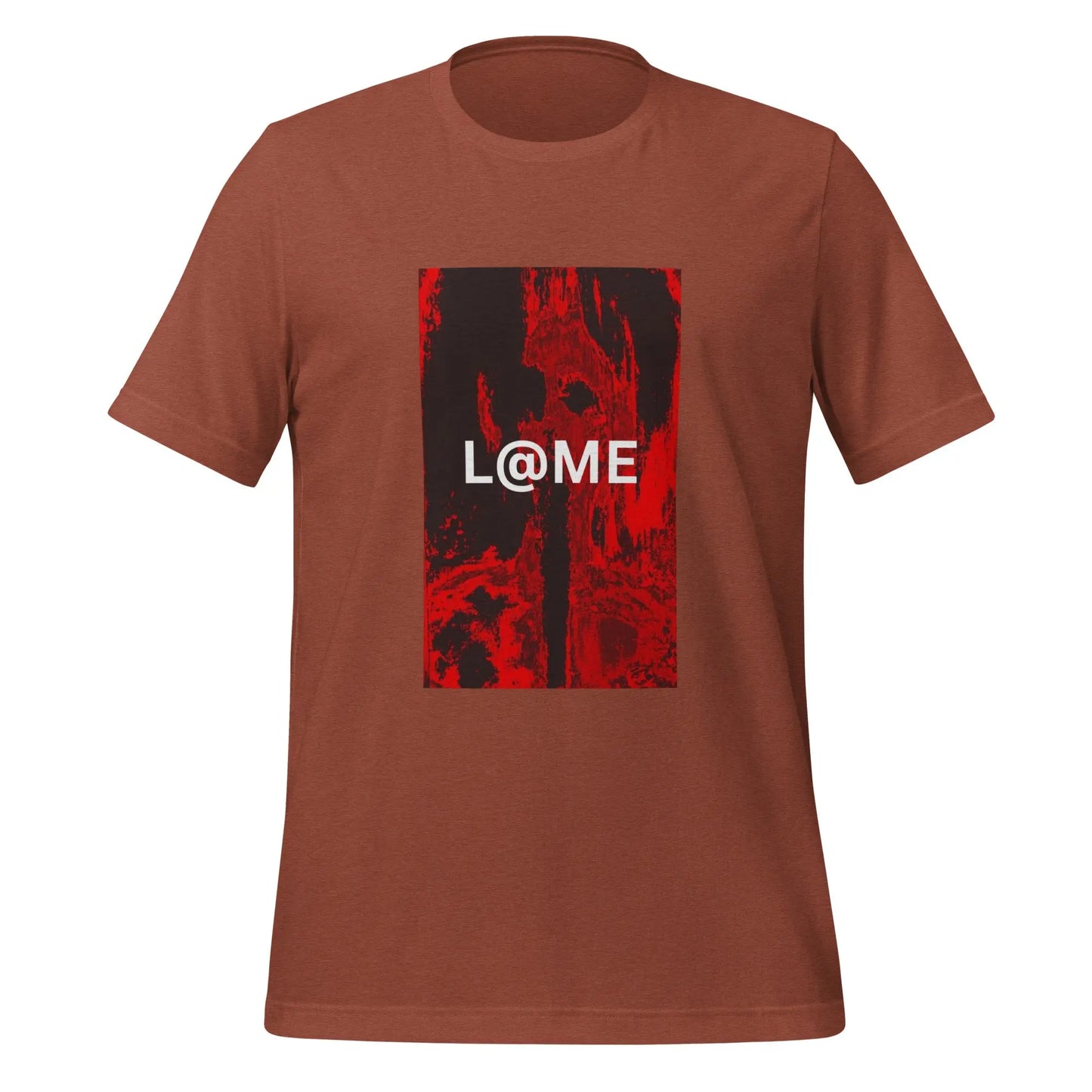 Red unisex graphic tee featuring an abstract flame design and a white L@ME logo.