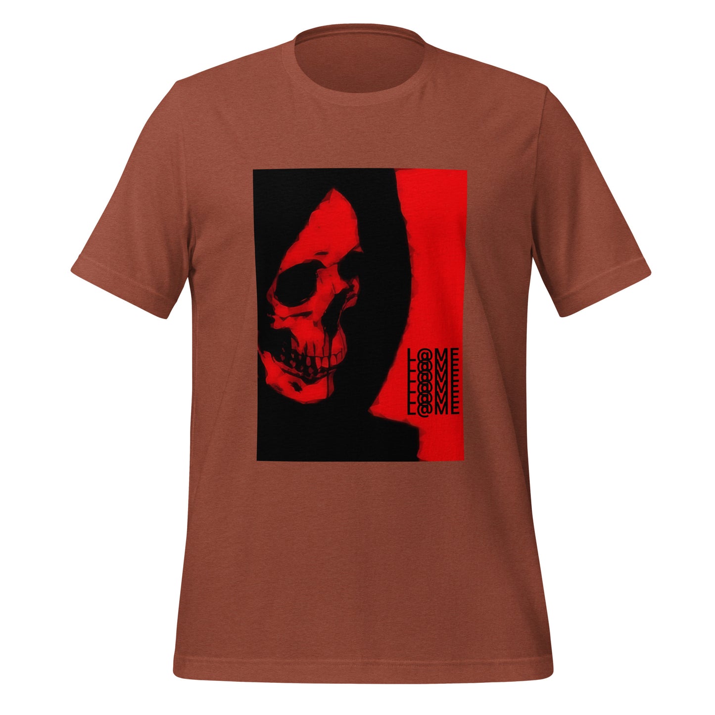 Unisex crimson t-shirt featuring a skull graphic and stacked L@ME typography.