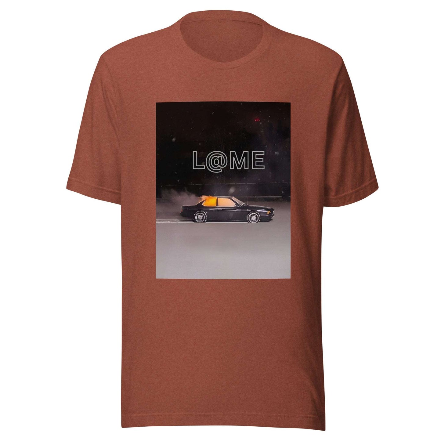 Black t-shirt with a retro car and neon-lit sky graphic and L@ME logo on front