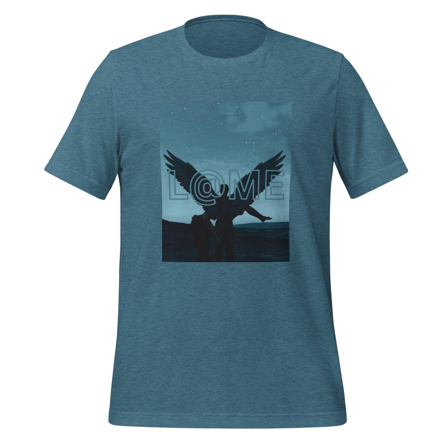 Unisex t-shirt featuring a silhouetted figure with wings against a starry blue night sky.