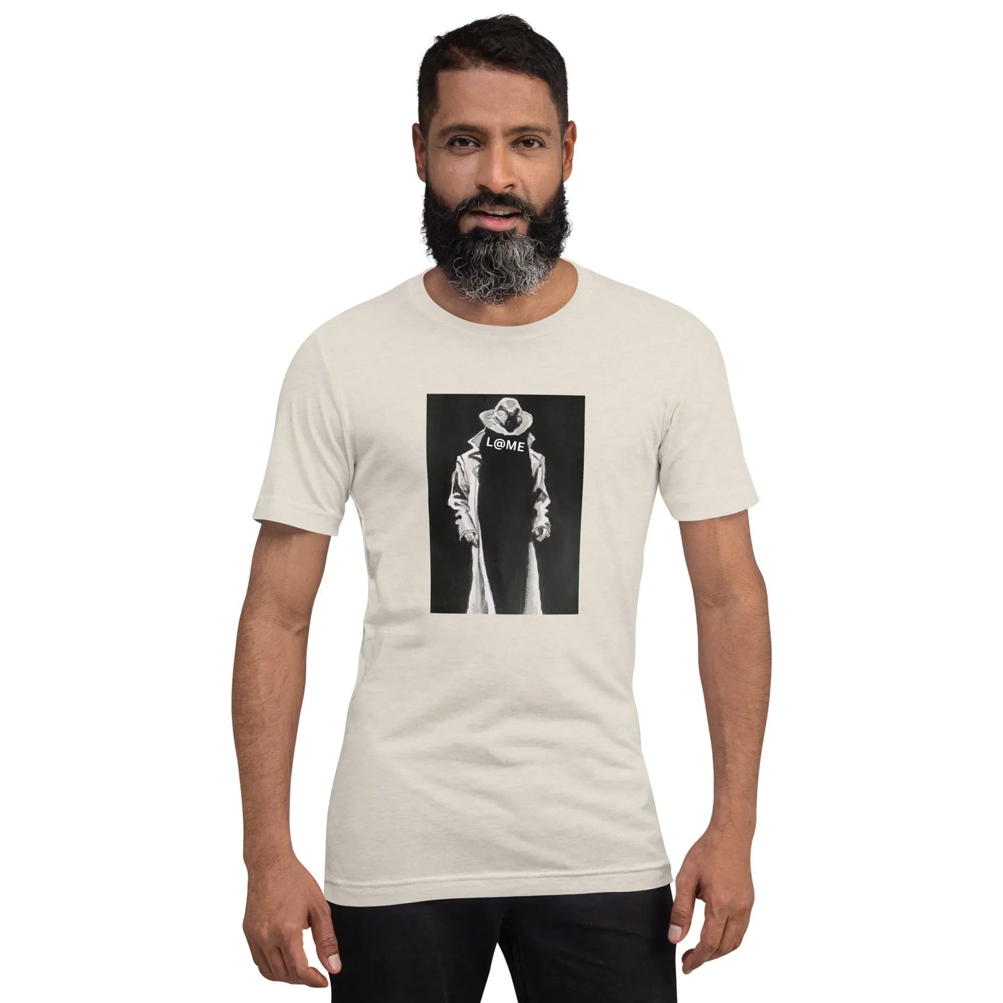 Black unisex t-shirt featuring a trench-coated figure and bold L@ME logo graphic.