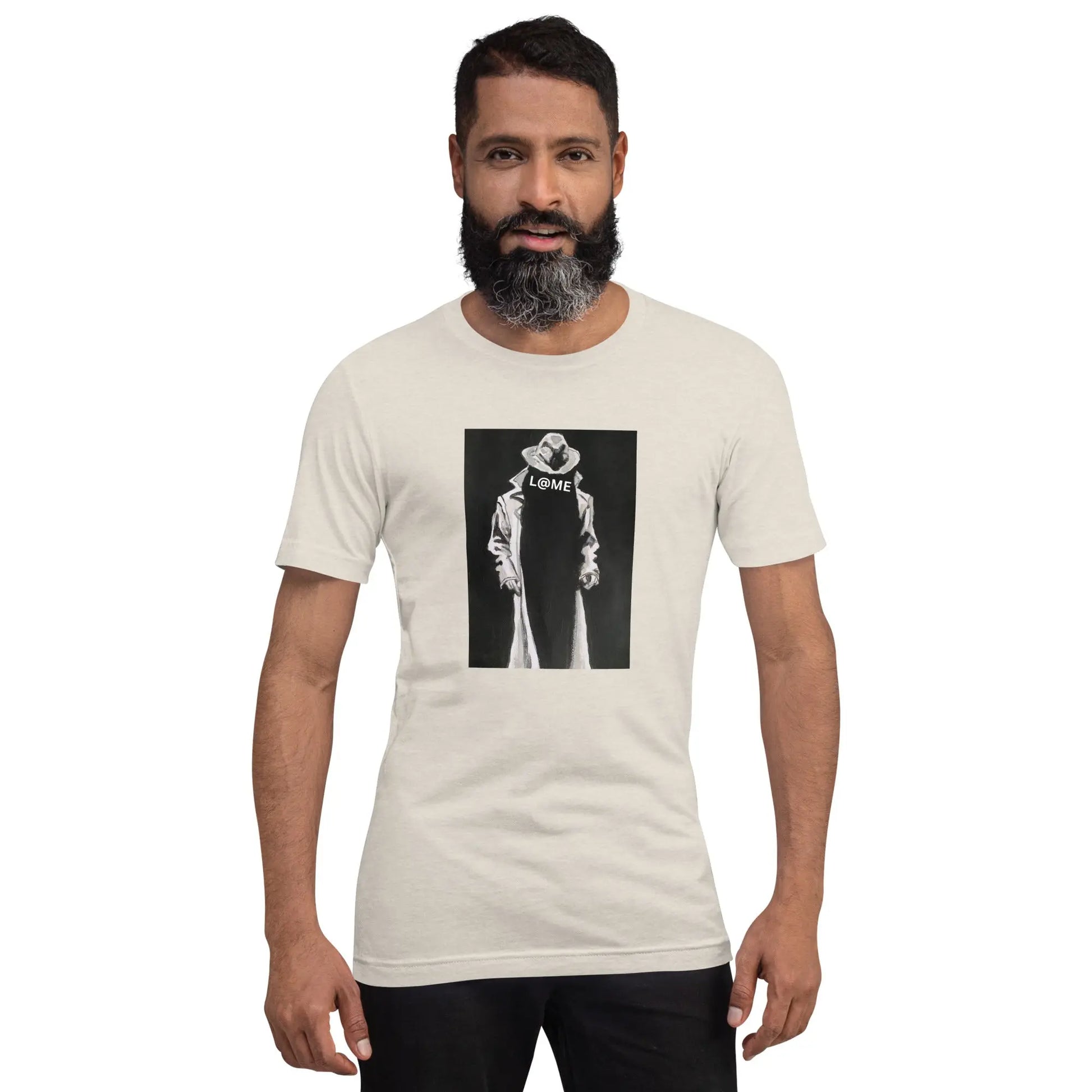 Black unisex t-shirt featuring a trench-coated figure and bold L@ME logo graphic.