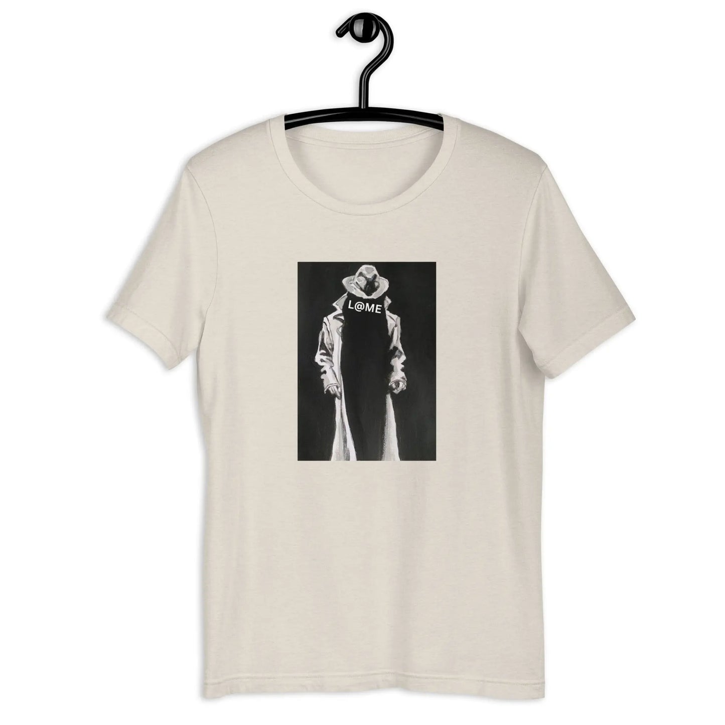 Black unisex t-shirt with white trench coat figure and bold L@ME logo on front