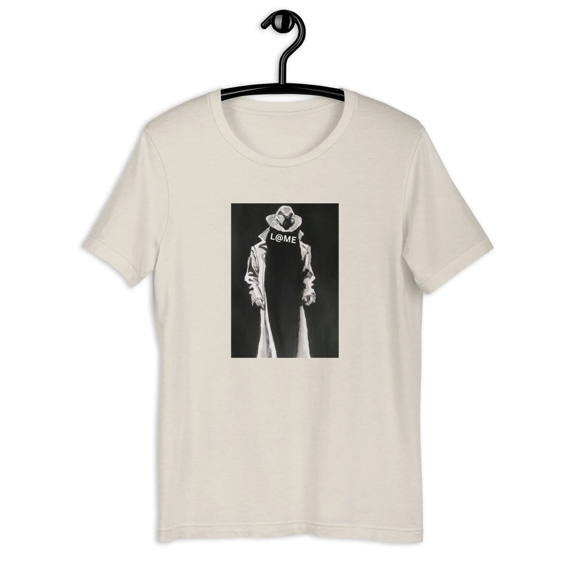 Black unisex t-shirt with white trench coat figure and bold L@ME logo on front