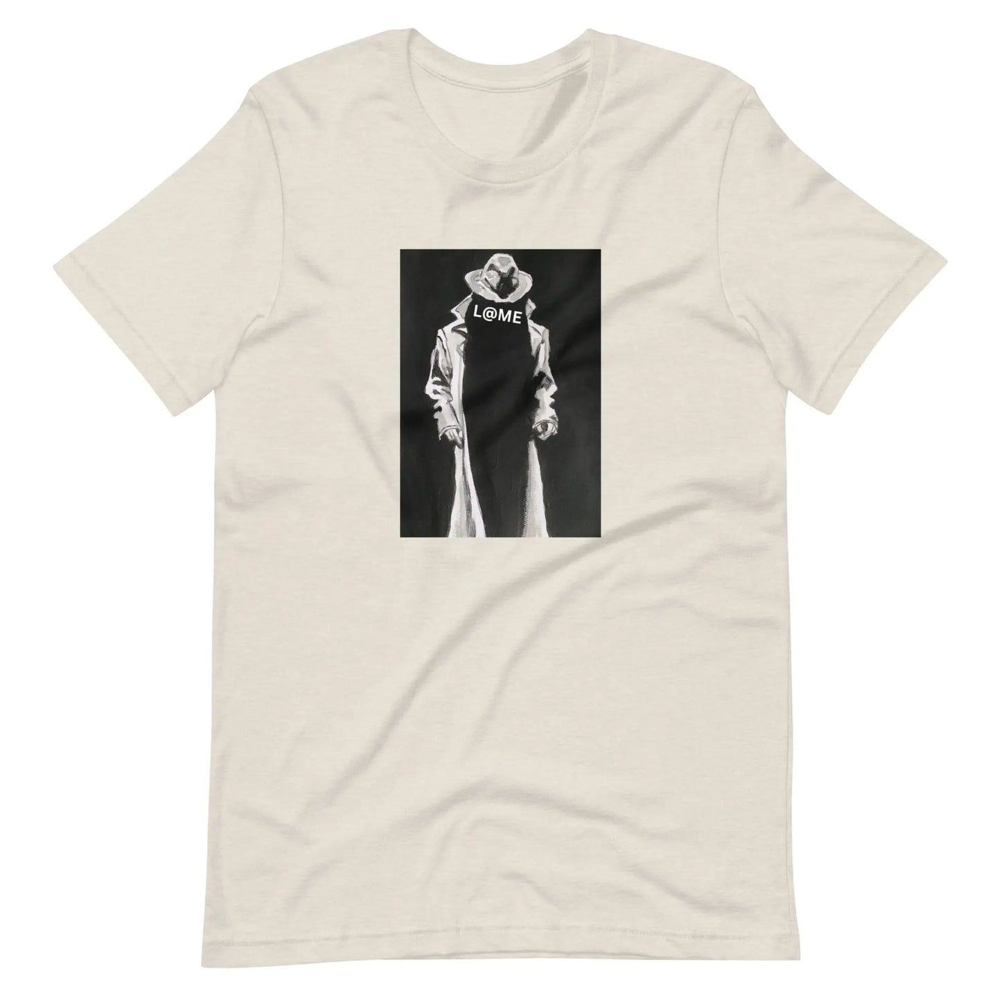 Black unisex t-shirt featuring a trench-coated figure and bold L@ME logo graphic.
