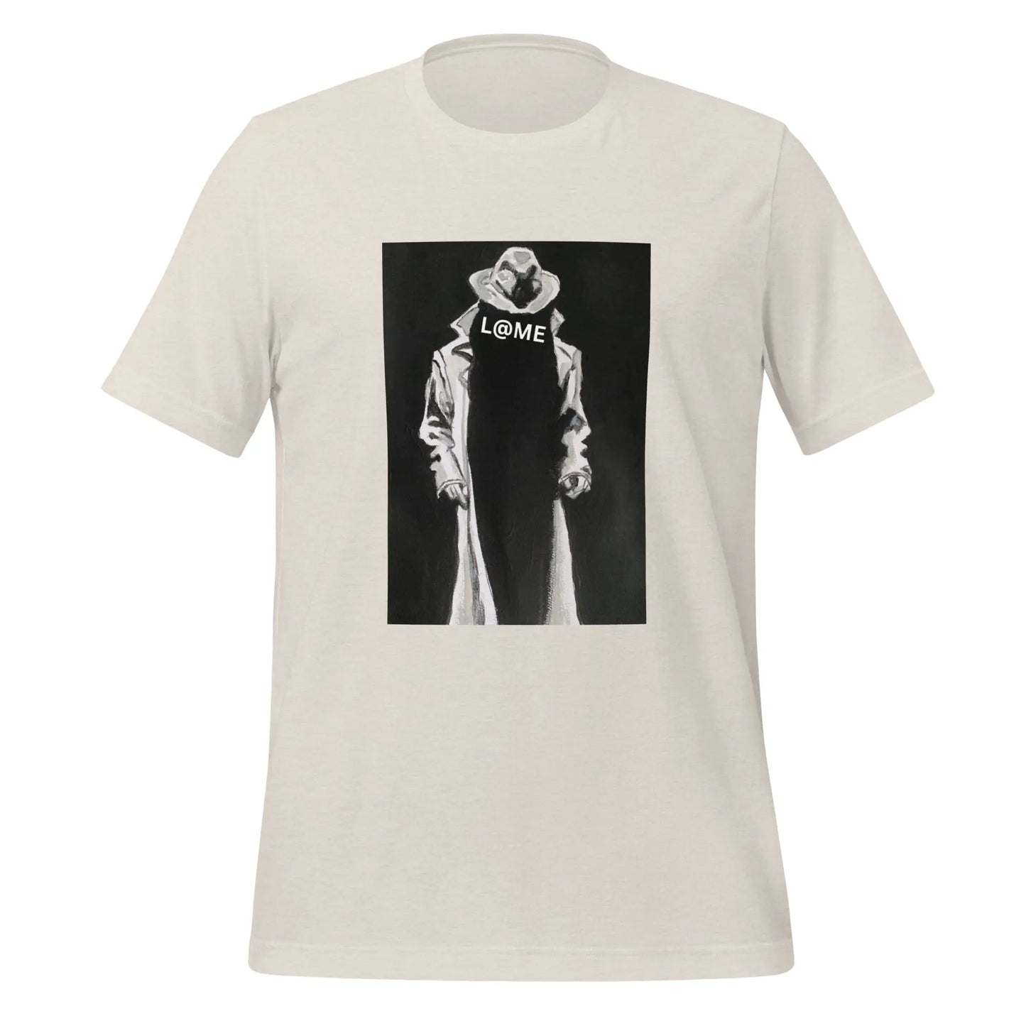 Unisex black t-shirt featuring a trench-coated figure graphic and bold L@ME logo.