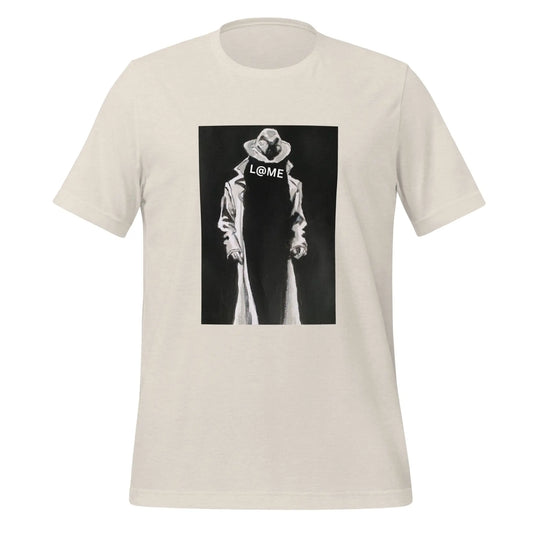 Unisex black t-shirt featuring a trench-coated figure graphic and bold L@ME logo.