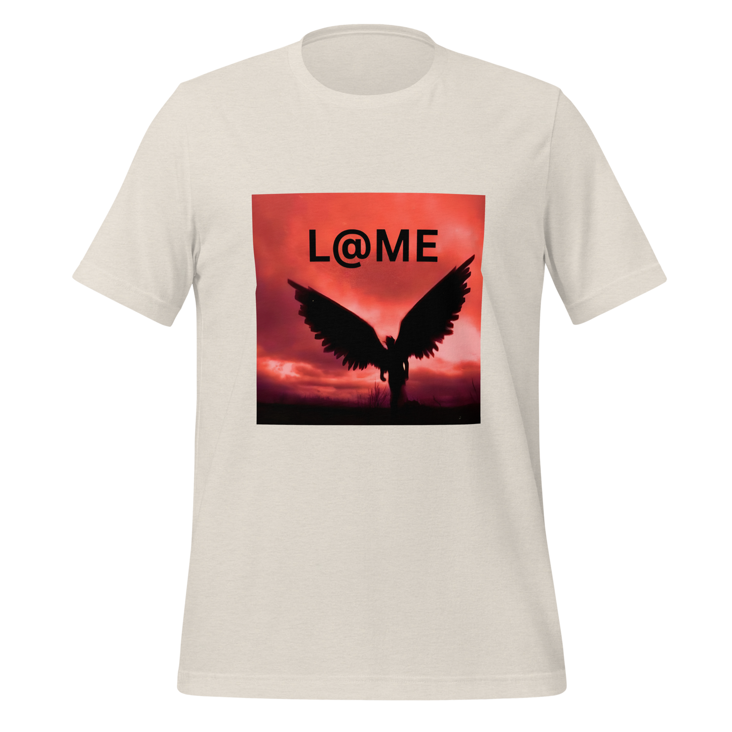 Black unisex tee with fiery dusk sky and angel wings behind L@ME logo on front