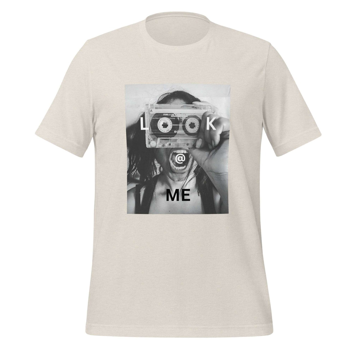 Black and white tee with a woman holding a cassette like a camera printed on front