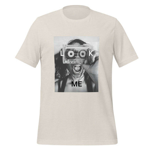 Black and white tee with a woman holding a cassette like a camera printed on front