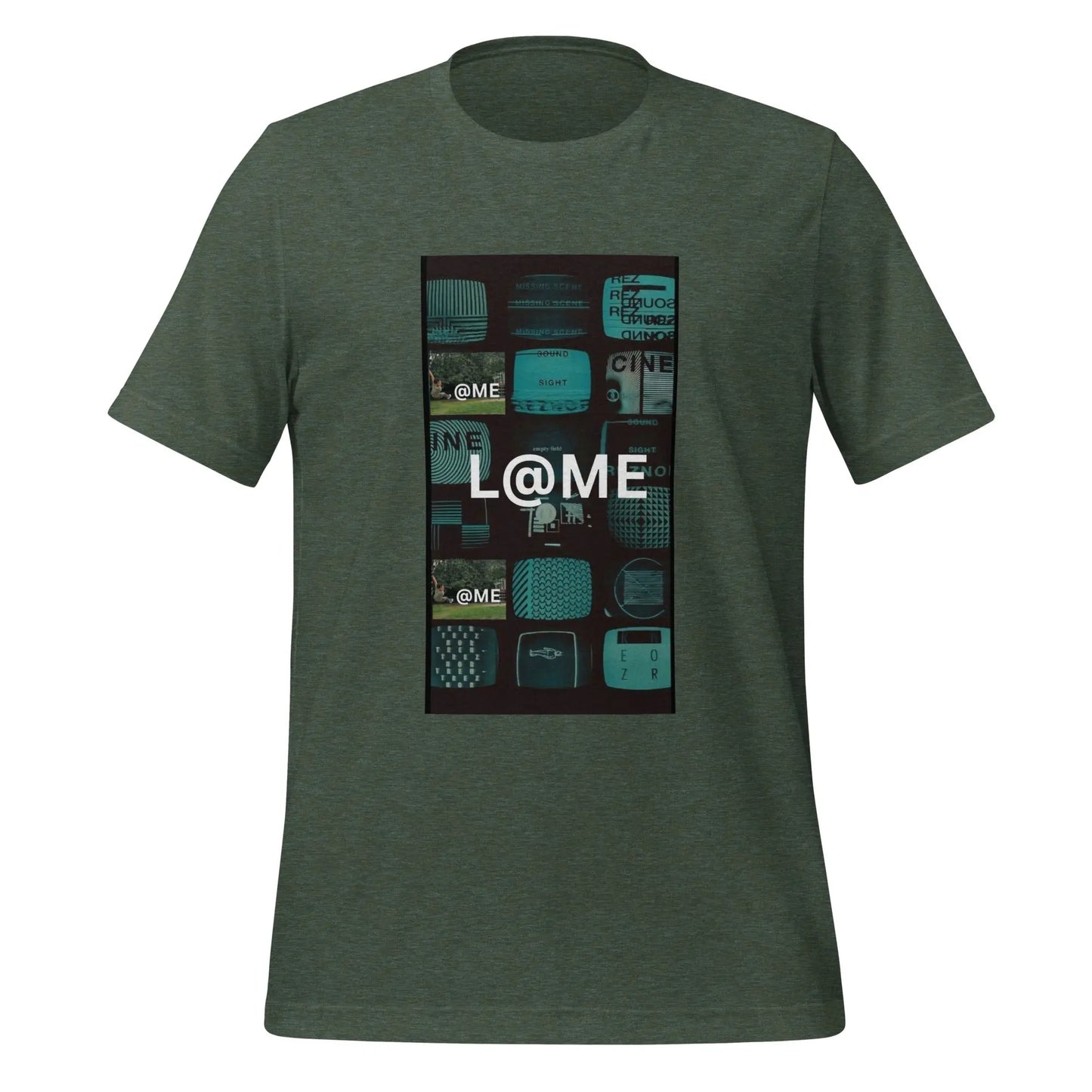 Unisex t-shirt with retro TV static collage in teal and black featuring L@ME logo