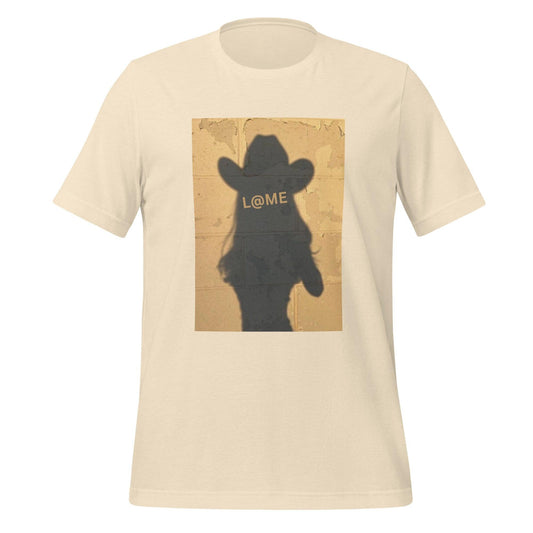 Unisex t-shirt featuring a cowboy hat silhouette on a rustic background.