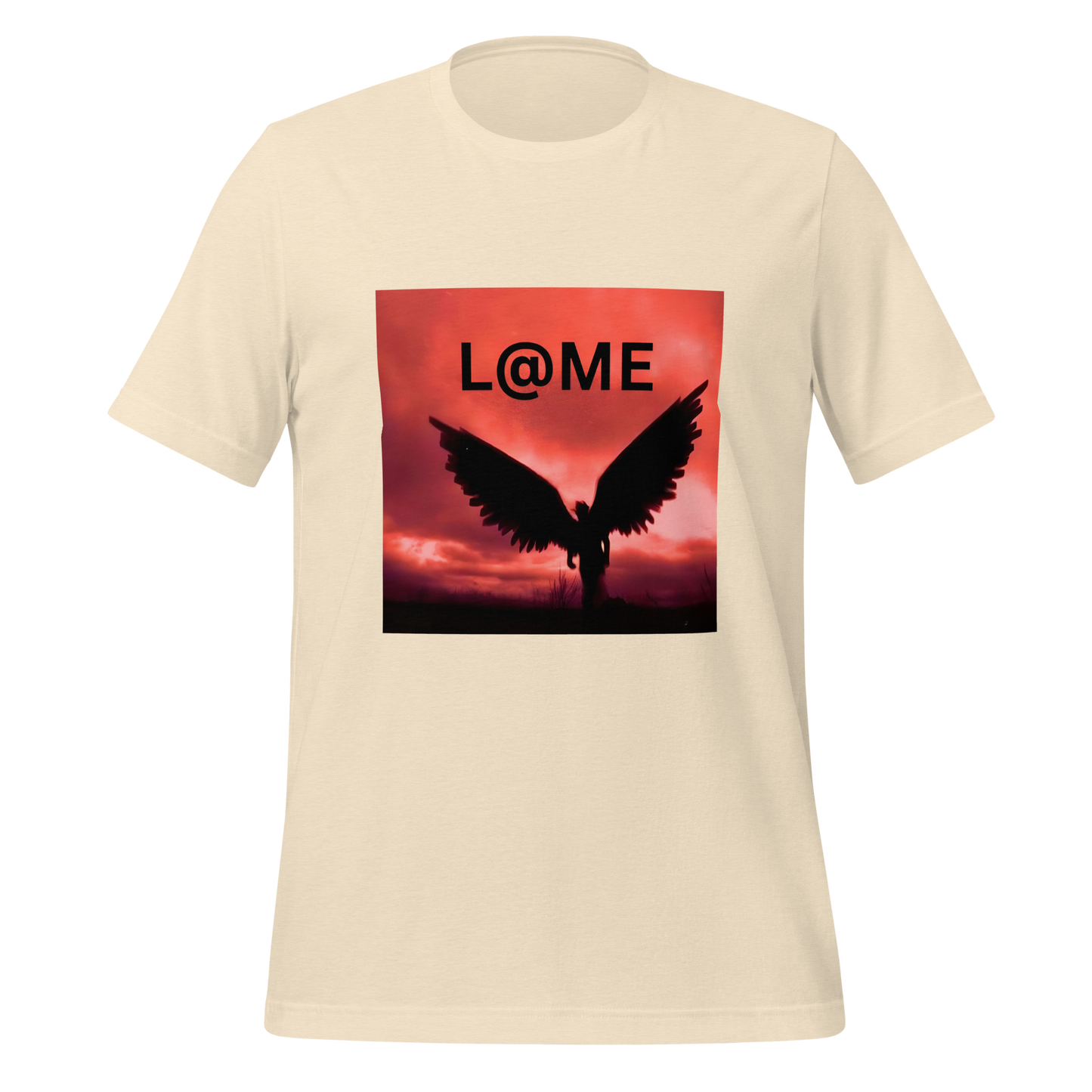 Unisex t-shirt featuring a fiery dusk sky and silhouetted angel wings behind the L@ME logo.