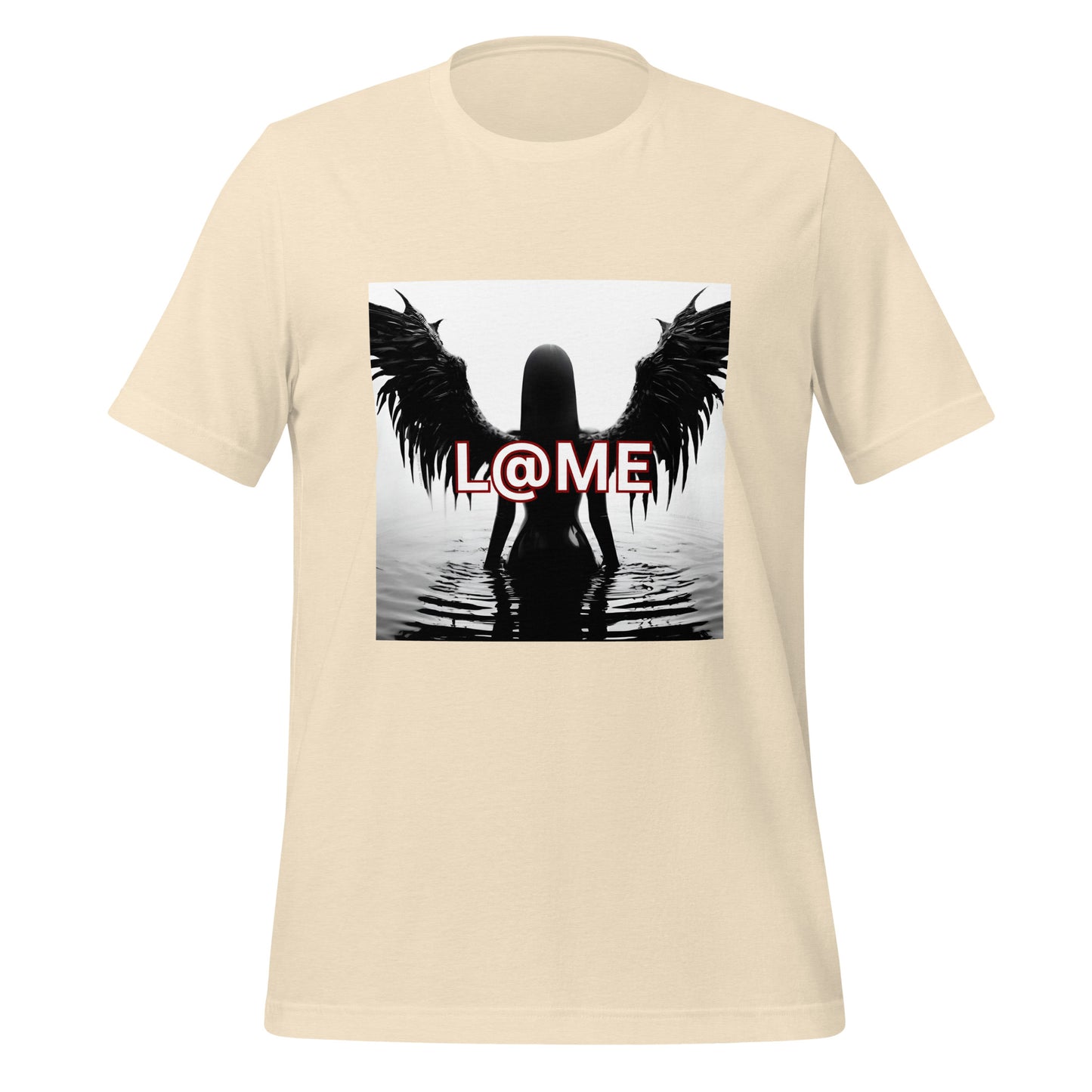 Black tee with reflective wings rising from water and the word L@ME on front
