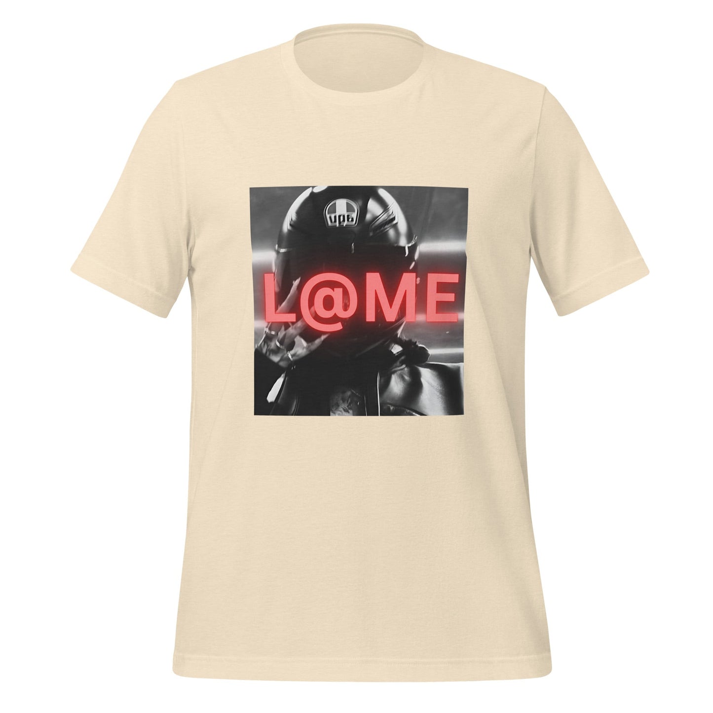 Black t-shirt with neon red helmeted rider graphic and L@ME logo on front