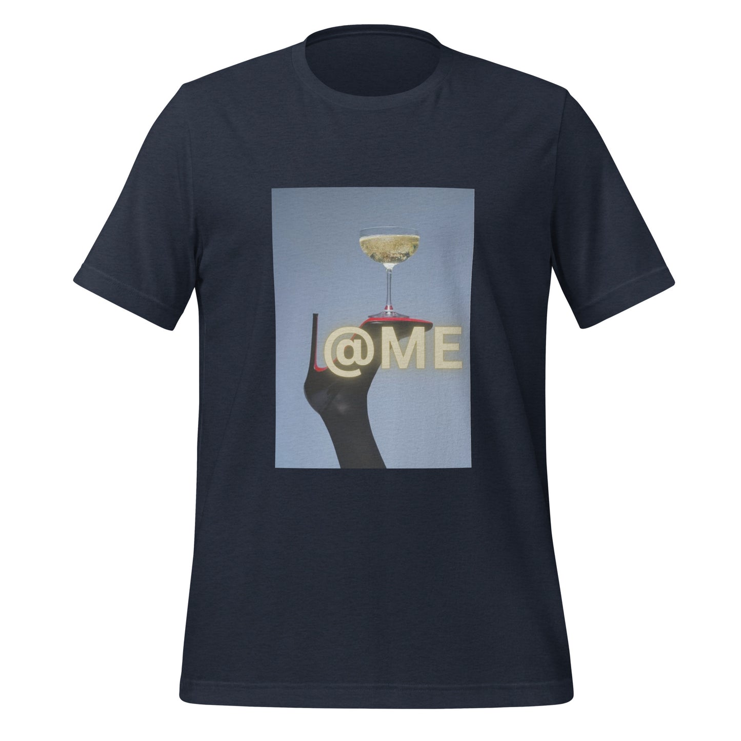 Black stiletto balancing a golden coupe glass on a unisex t-shirt.