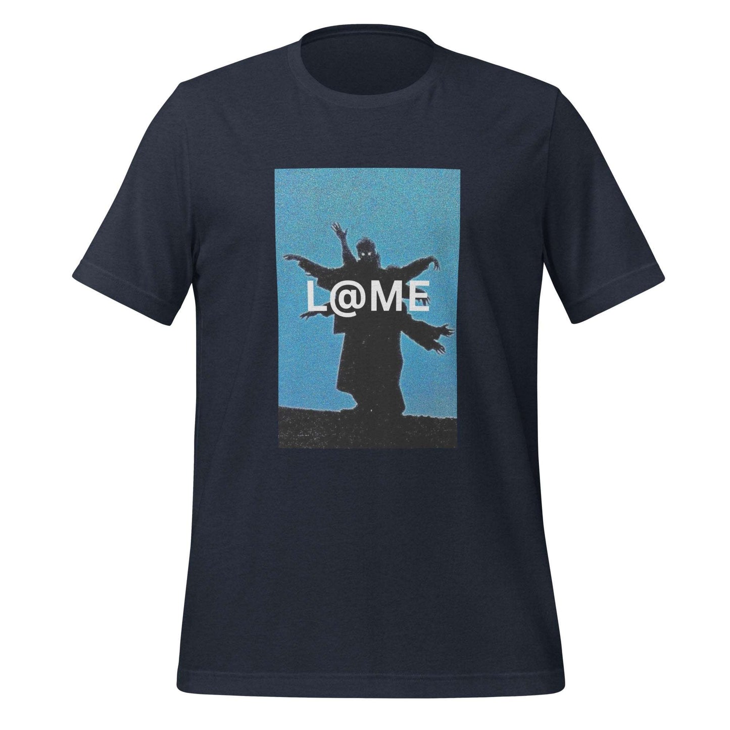 Blue T-shirt with black silhouette of multiple outstretched arms on a sky-blue background.