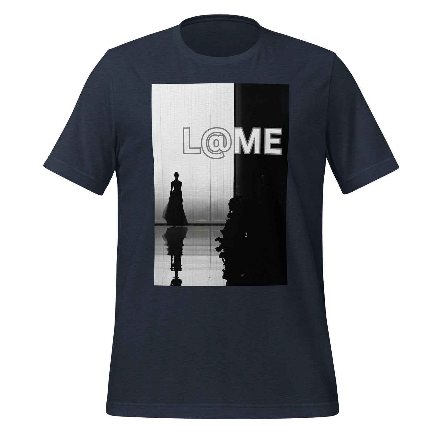 Unisex T-shirt with a monochrome high-fashion runway silhouette on soft cotton fabric
