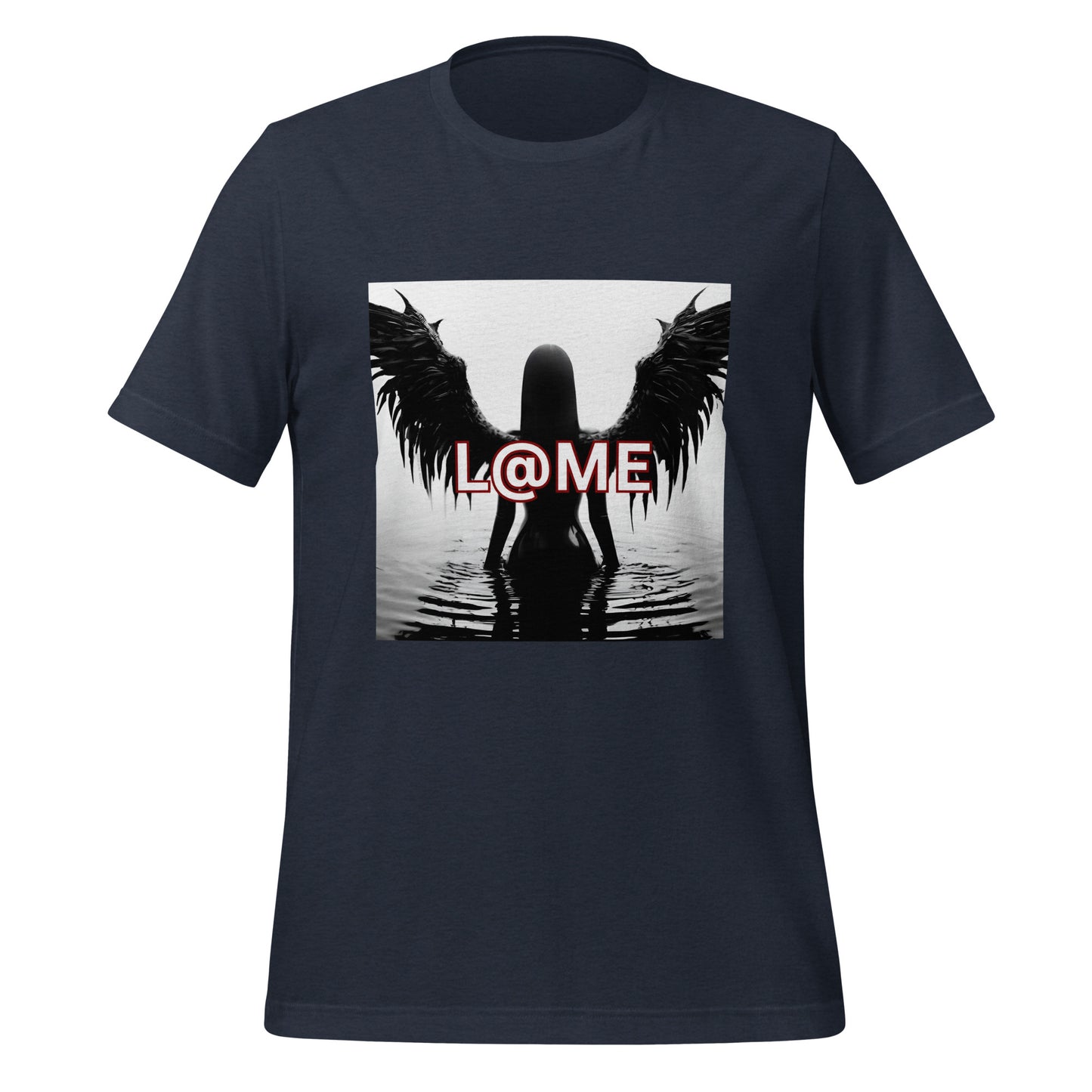 Black tee featuring reflective wings and the word LAME in a bold design.