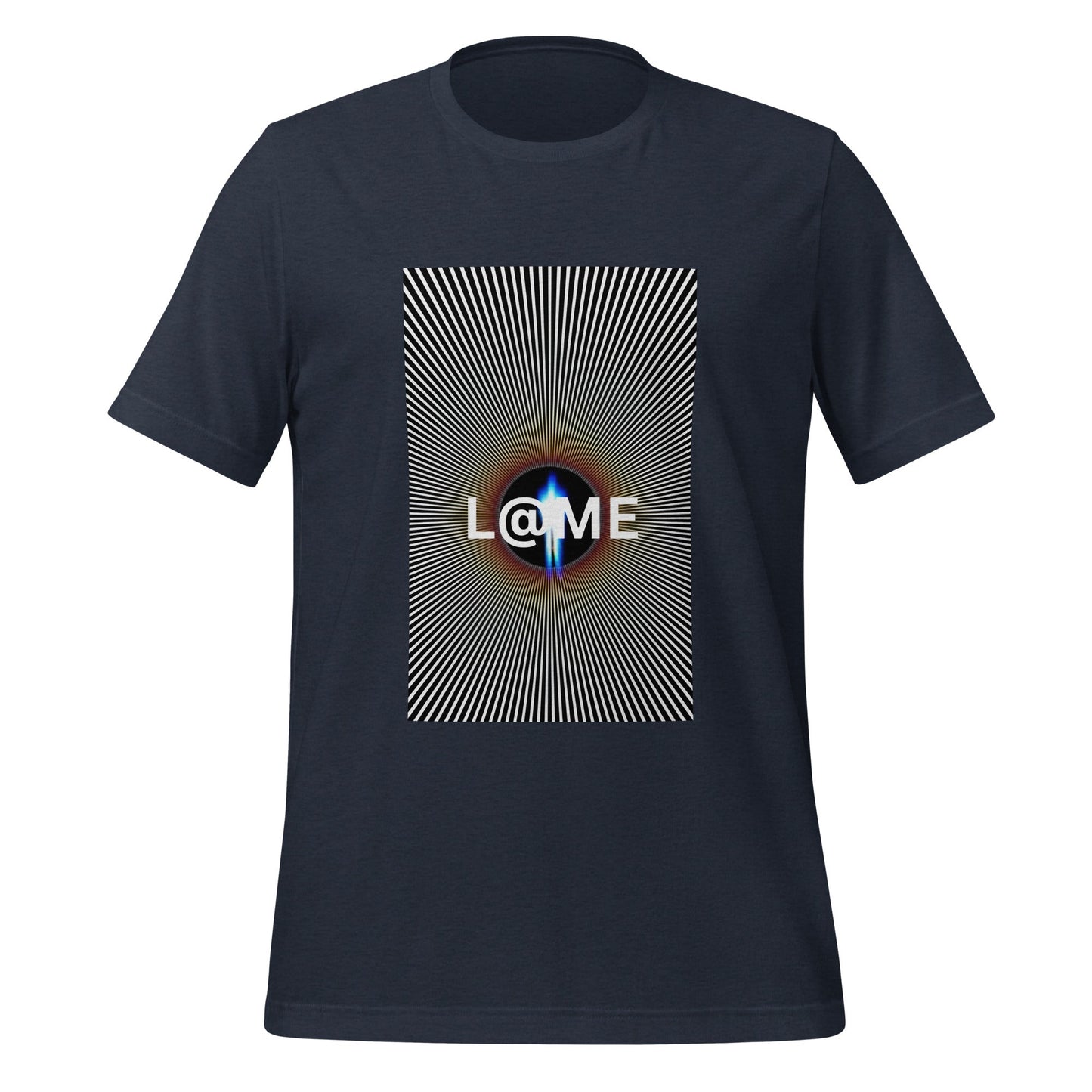 Black-and-white graphic t-shirt featuring a central optical illusion design.