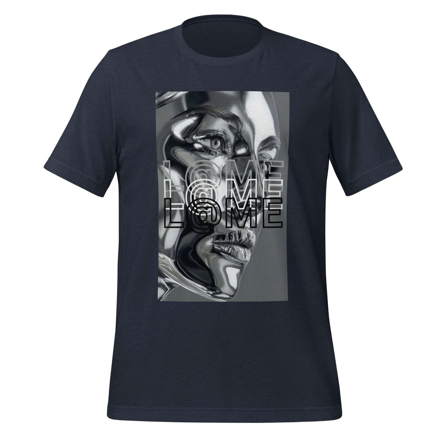 Futuristic chrome face graphic on a black T-shirt with the L@ME logo.