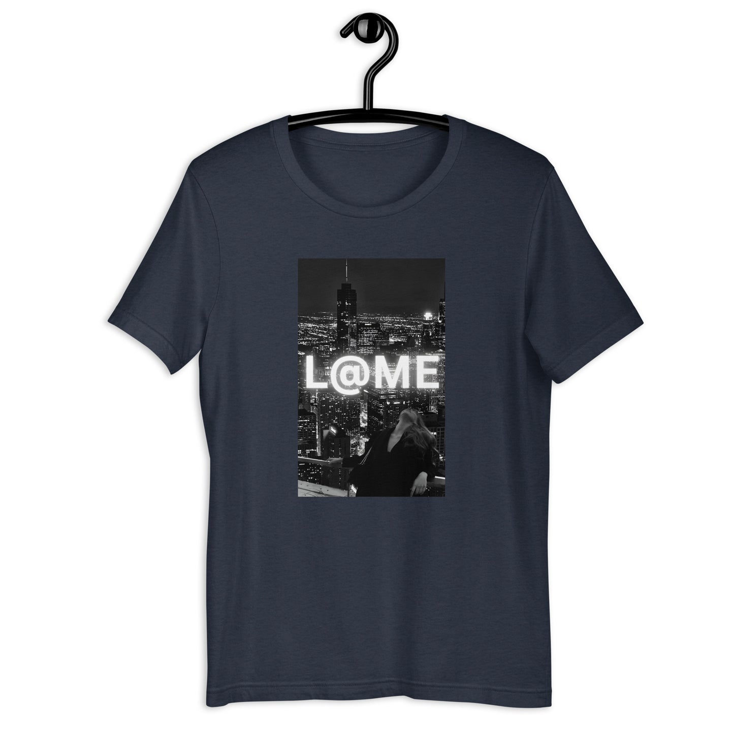 A black t-shirt featuring a neon logo and a city skyline design.