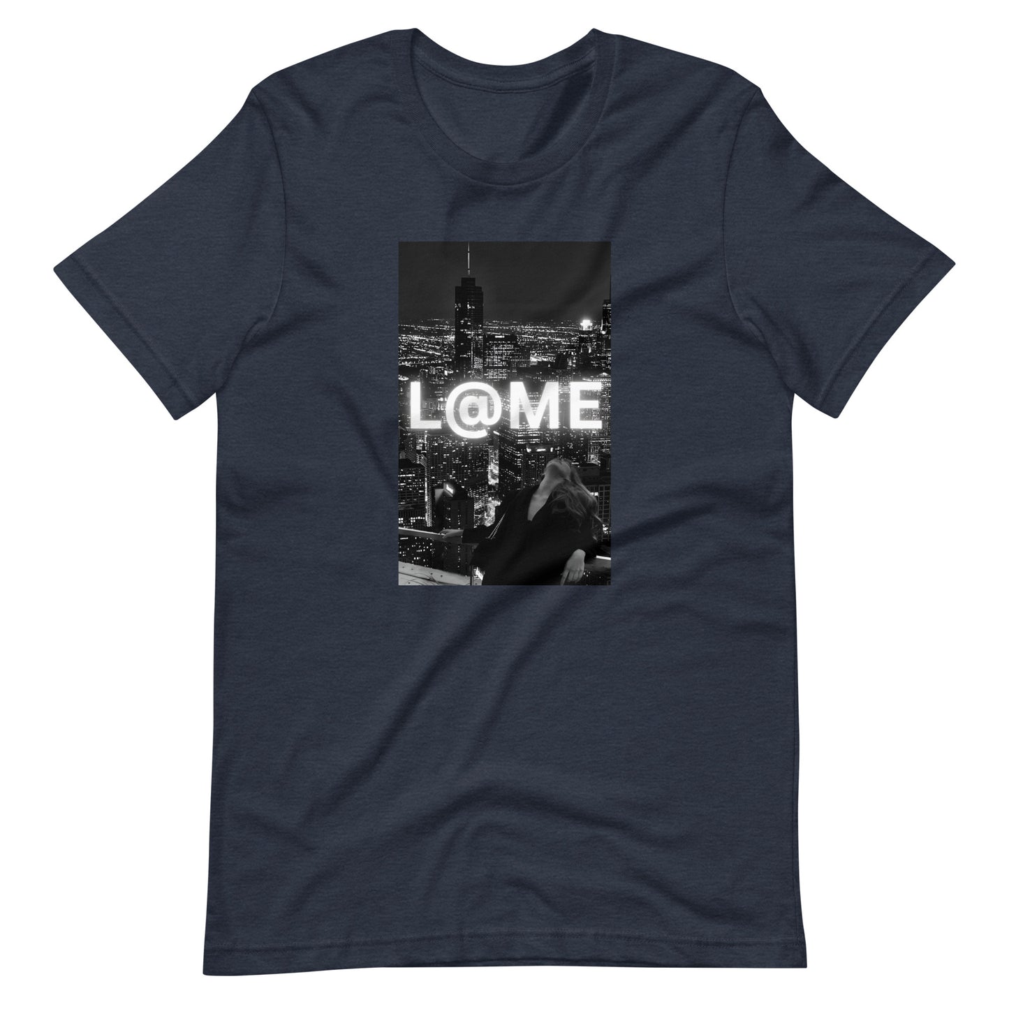 L@ME City Lights T-shirt with neon logo and city skyline on a dark background