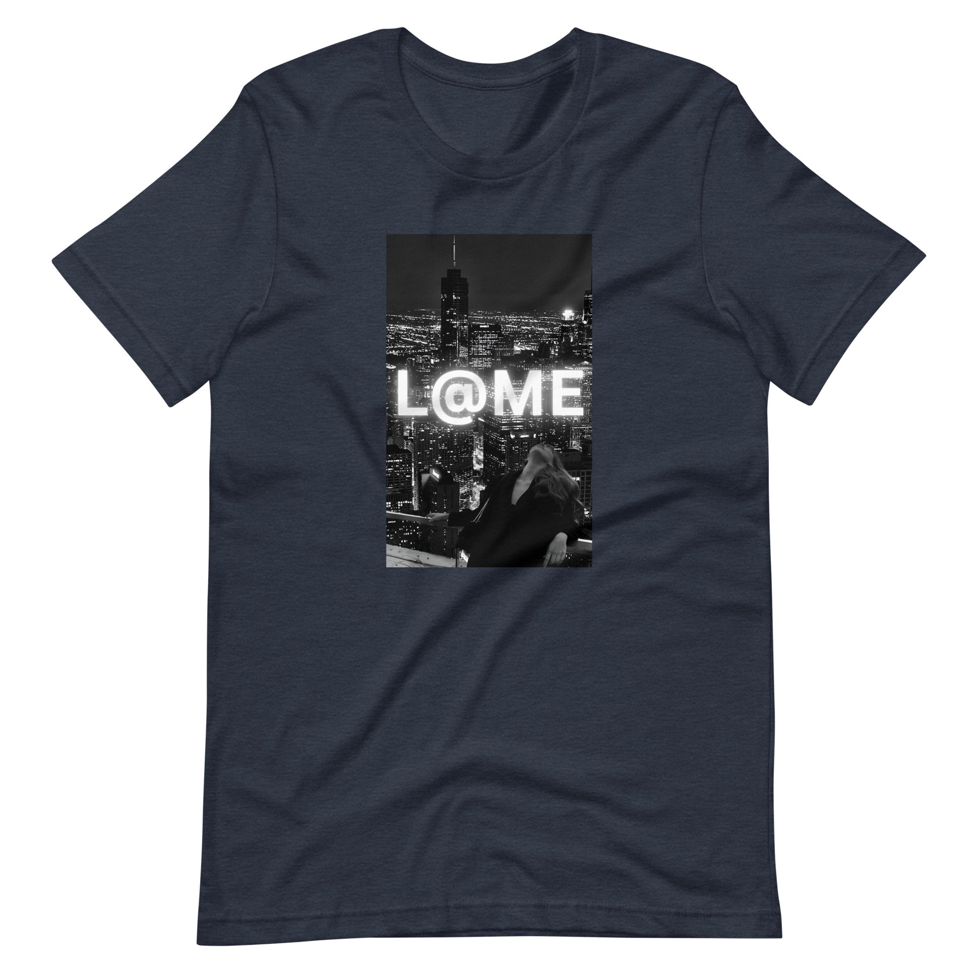 L@ME City Lights T-shirt with neon logo and city skyline on a dark background