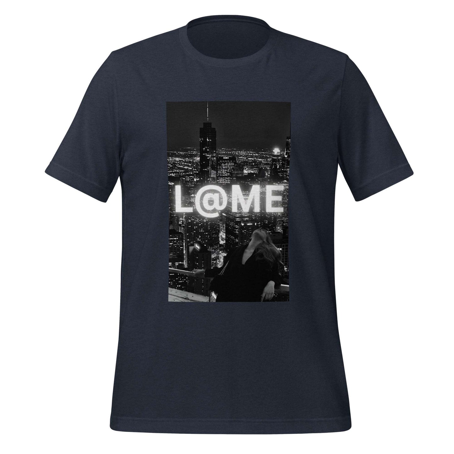 A black t-shirt featuring a neon logo and a city skyline design.