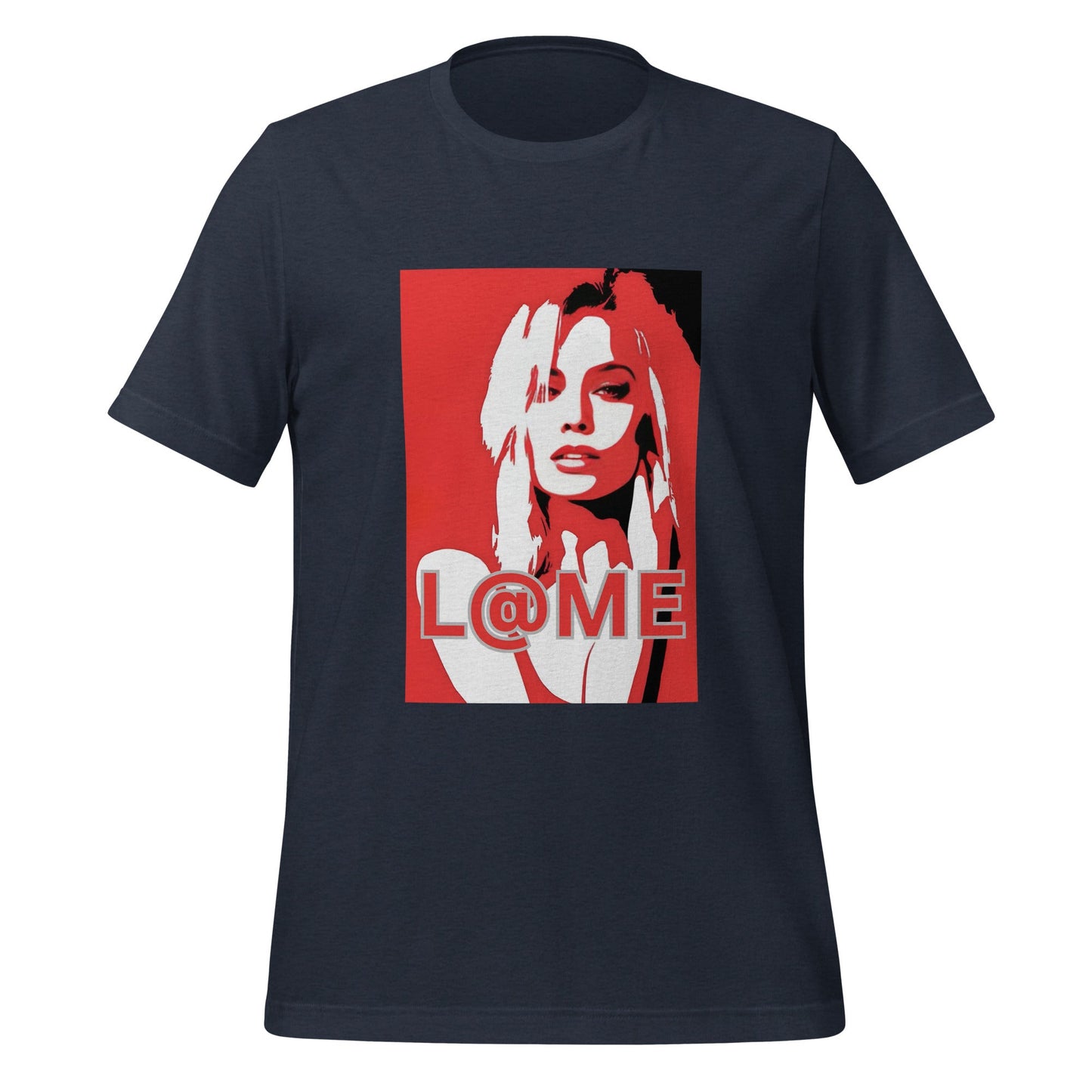 Red T-shirt with white pop-art portrait and L@ME logo on front