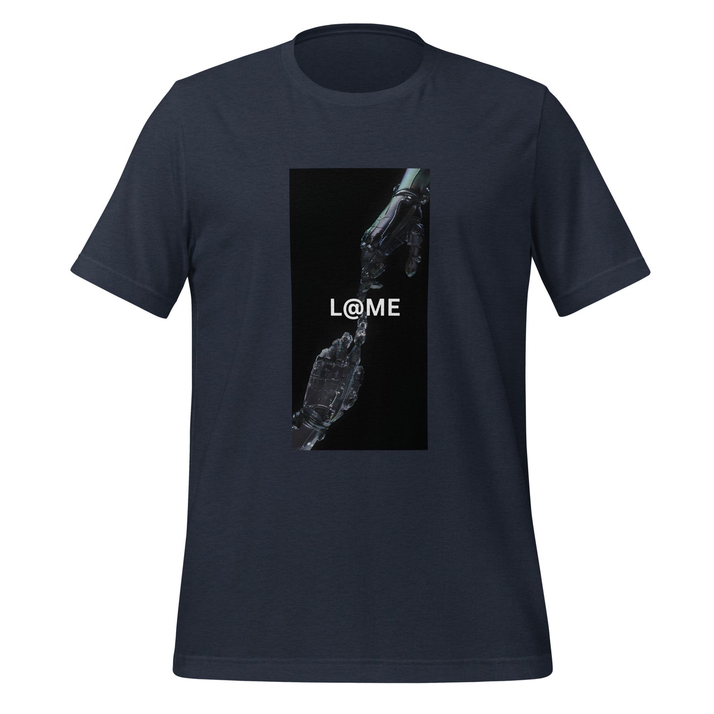 A soft cotton tee featuring two robotic hands reaching through darkness in a minimalist design.