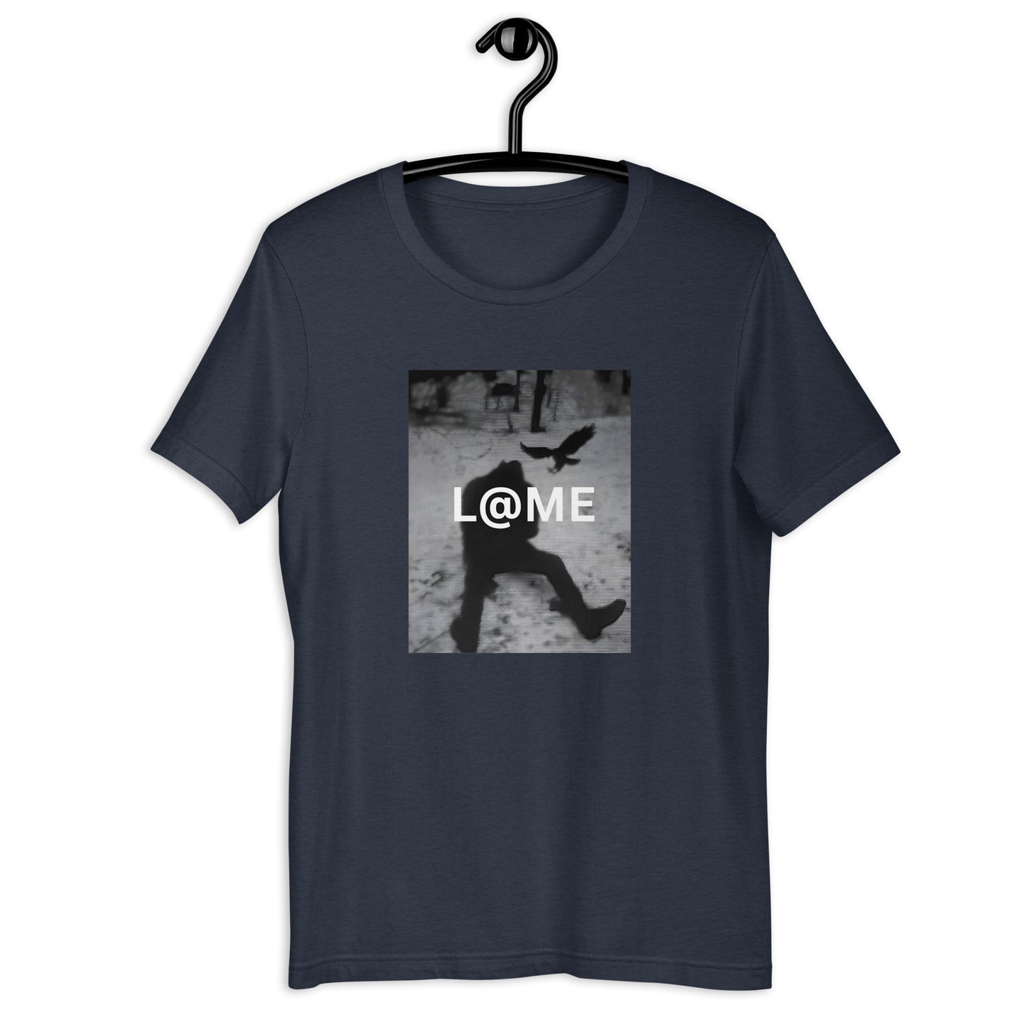 Black and white L@ME Motion Tee with a silhouette mid-step and bird in flight design