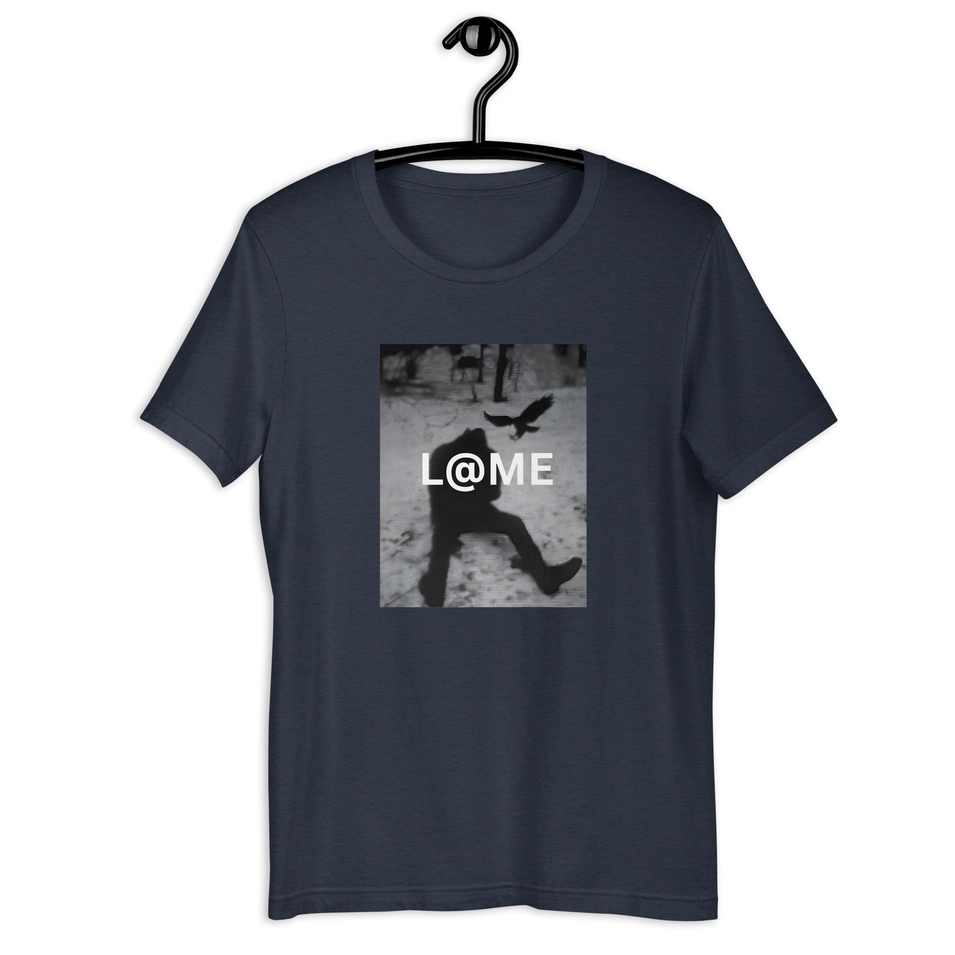 Black and white L@ME Motion Tee with a silhouette mid-step and bird in flight design