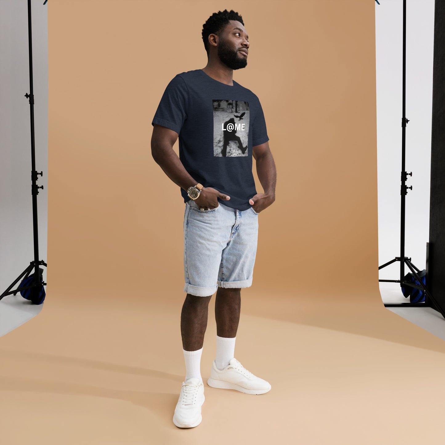 A black and white tee featuring a silhouette in motion, made from soft cotton fabric.