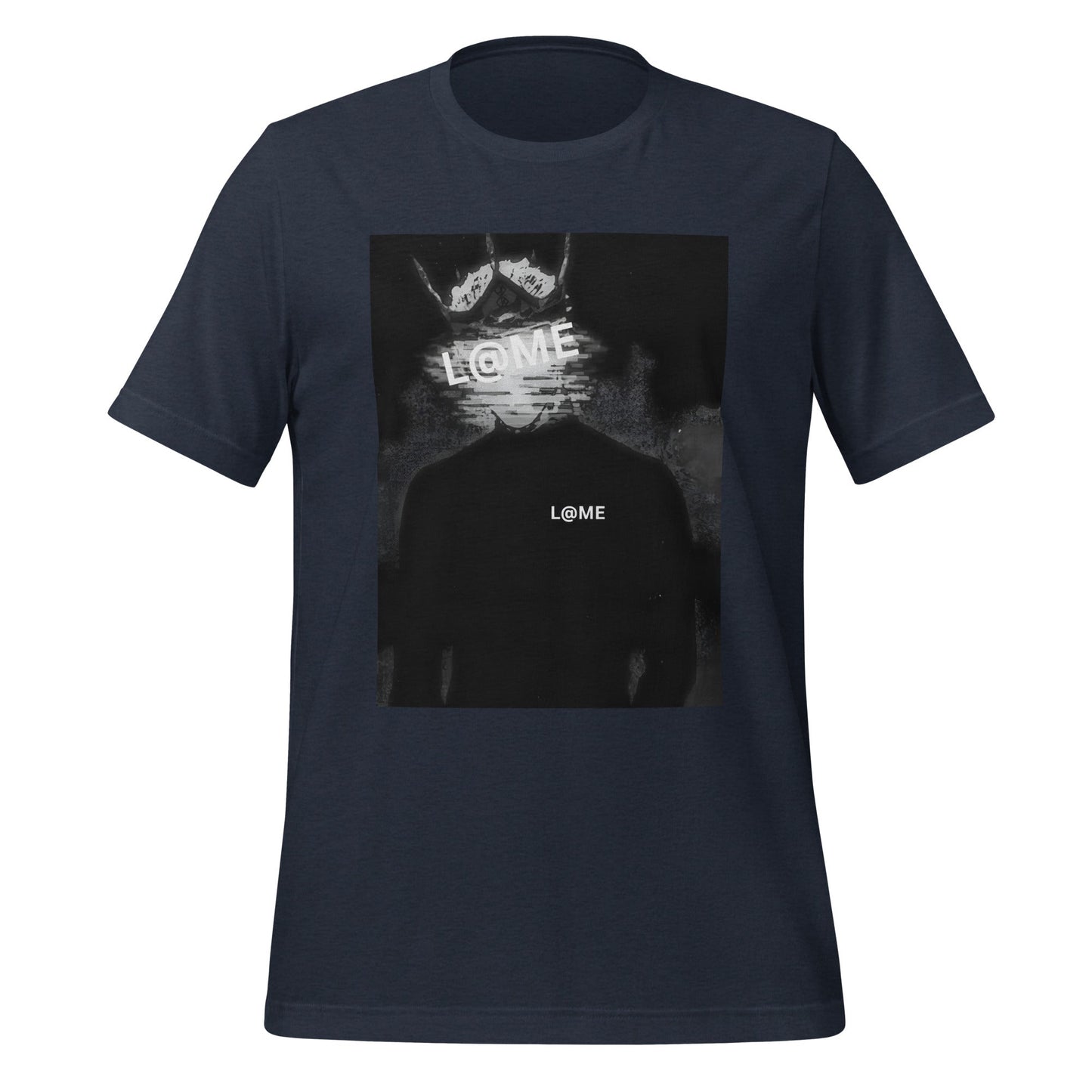 Black tee featuring a glitch-inspired design symbolizing chaos and control.