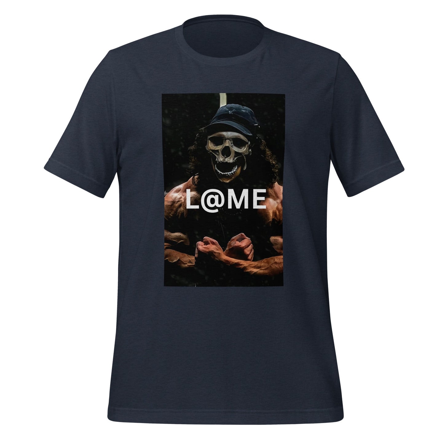 Black graphic tee with skeletal figure flexing muscles under dim light and text Power Within