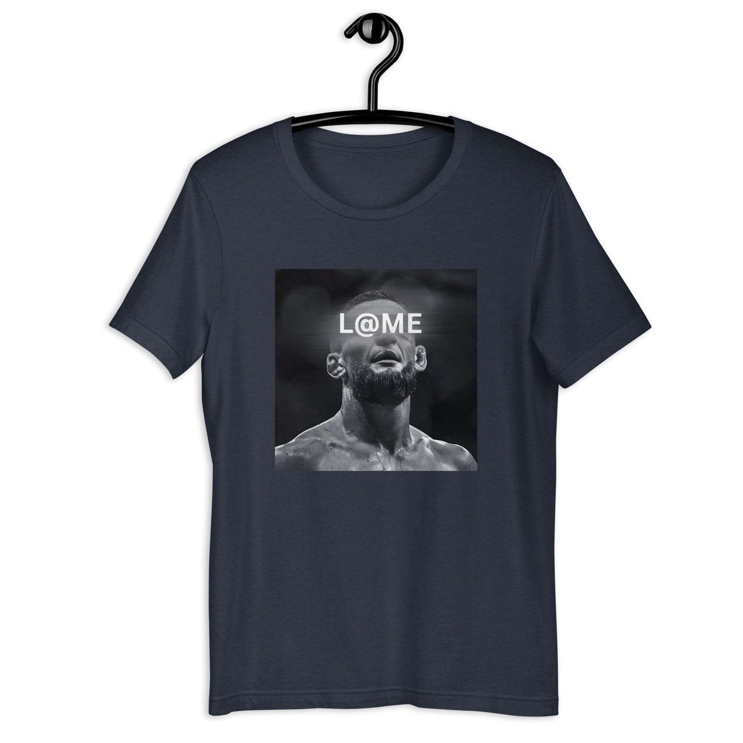 Black L@ME Relentless tee with intense black-and-white portrait graphic on front