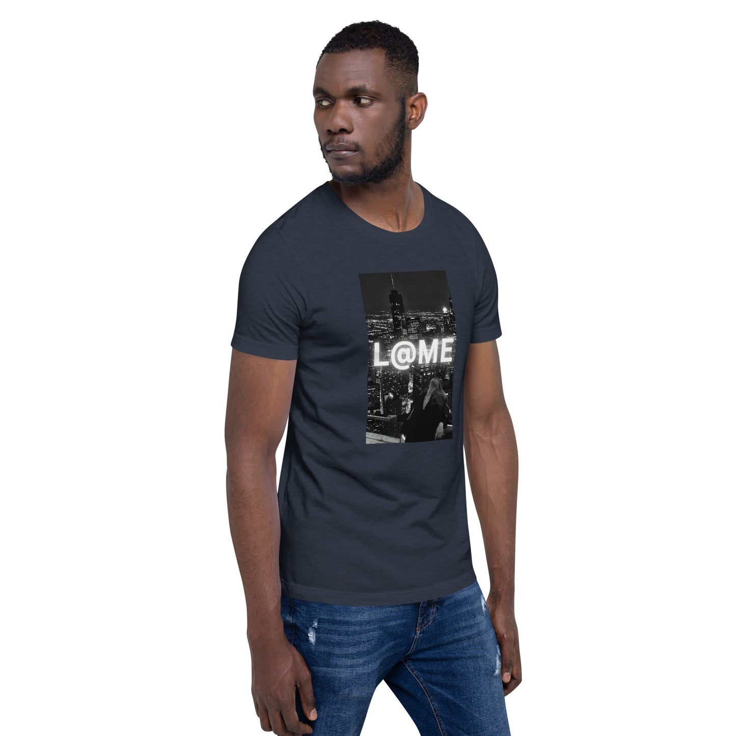 A black t-shirt featuring a neon logo and a city skyline design.