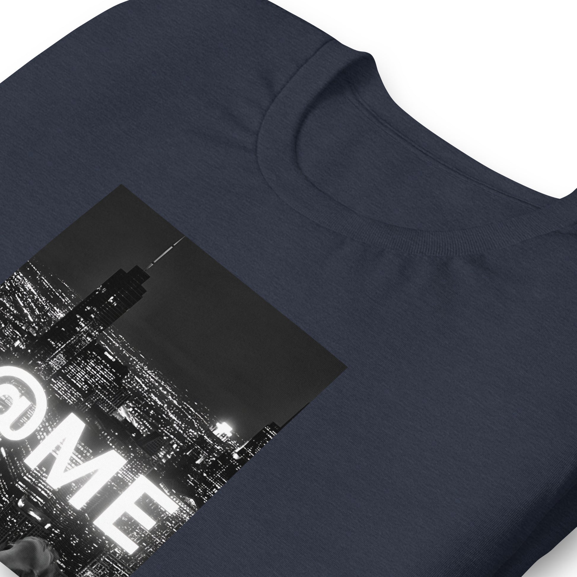 Black L@ME City Lights T-shirt with neon logo and city skyline graphic on front