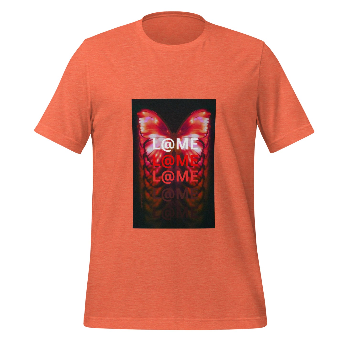 Neon butterfly graphic t-shirt in vibrant reds and oranges on a unisex cotton tee.