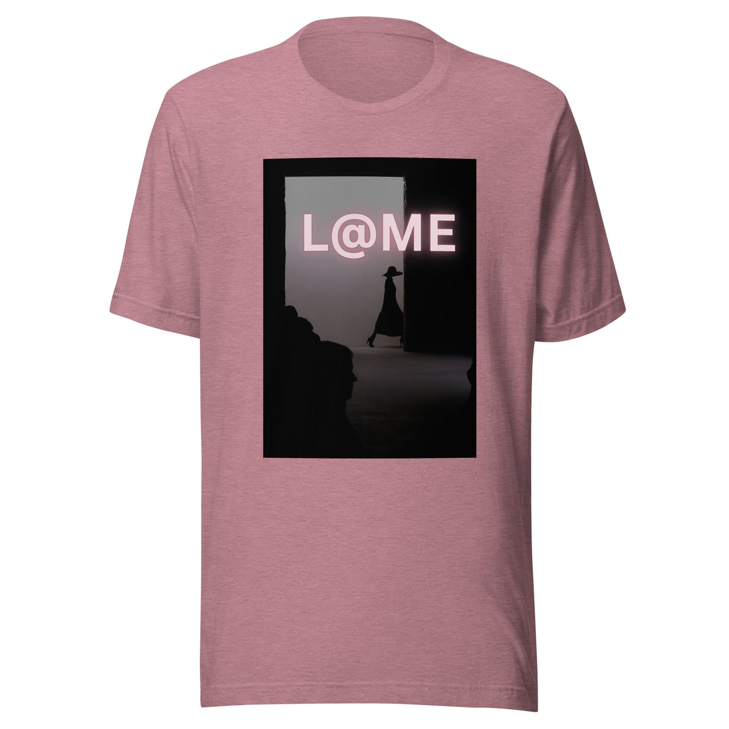 Blush-pink unisex tee with shadowed doorway graphic and bold L@ME logo on front