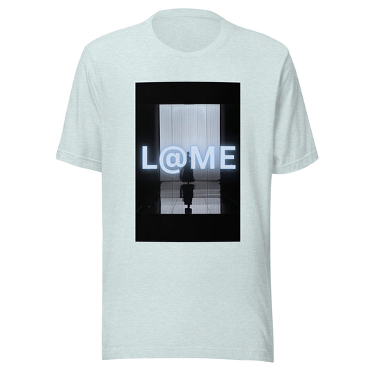 Black tee with neon runway silhouette and glowing text on front, unisex fit.