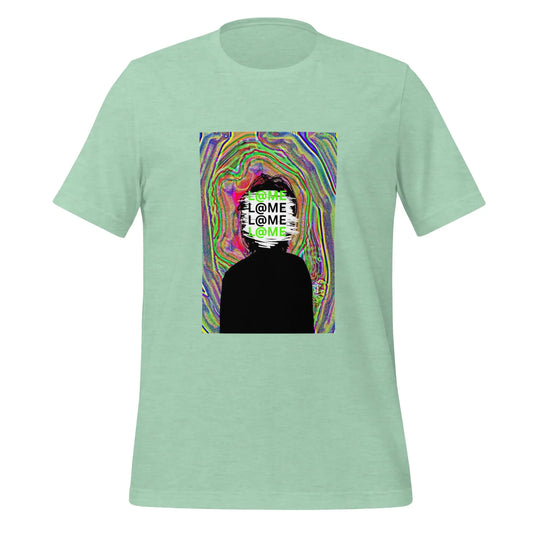 Unisex T-shirt with black silhouette and swirling neon psychedelic patterns on front