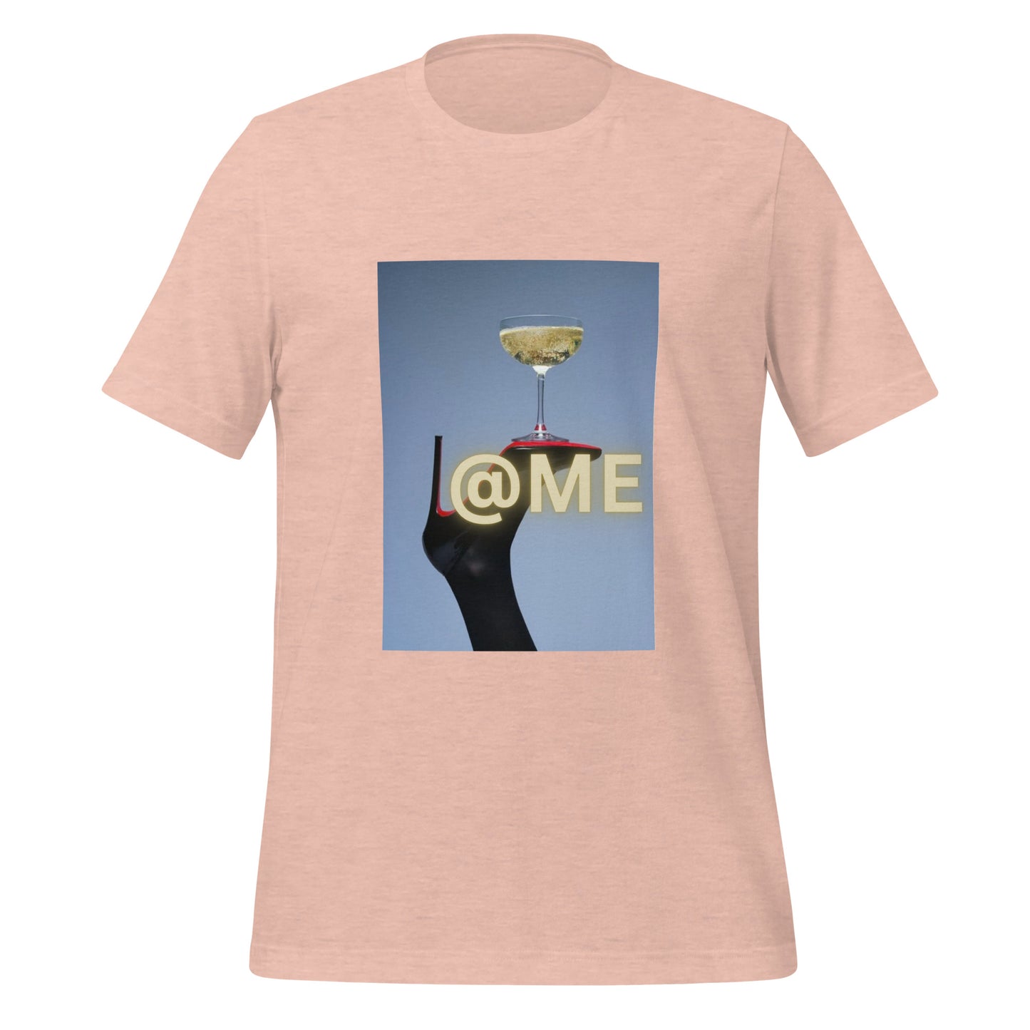 Unisex t-shirt with black stiletto and golden champagne glass graphic on front