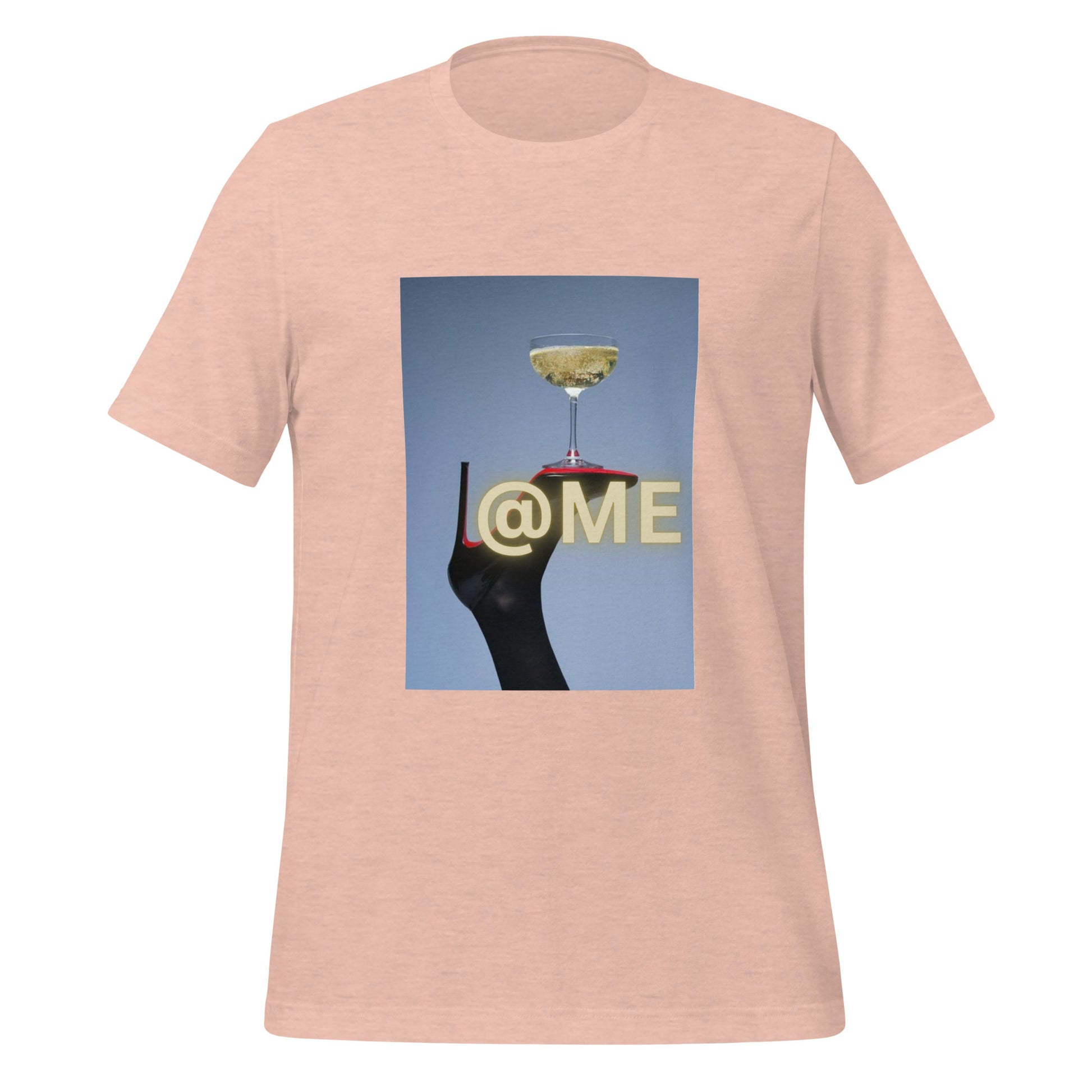 Unisex t-shirt with black stiletto and golden champagne glass graphic on front
