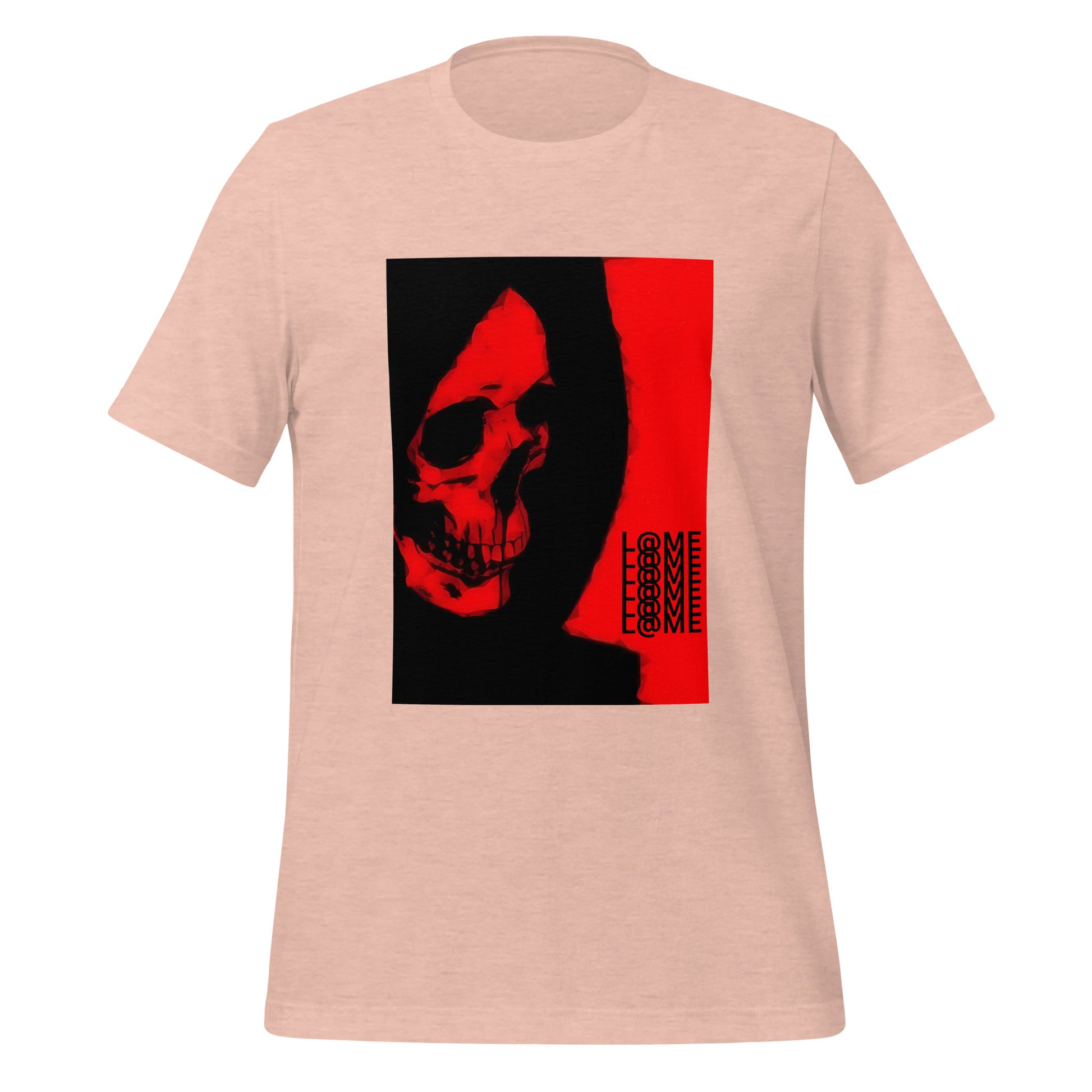 Unisex red T-shirt with shadowy skull graphic and stacked L@ME typography on front