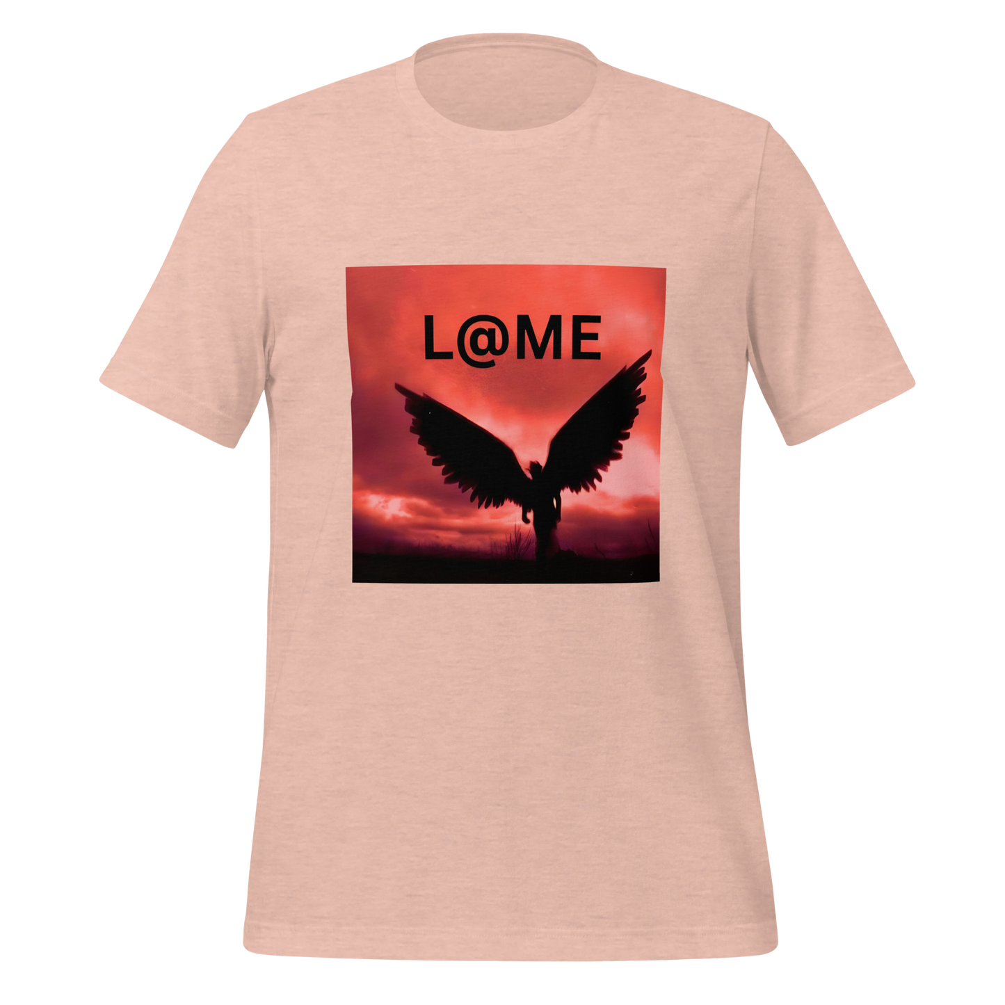 Unisex t-shirt featuring a fiery dusk sky and silhouetted angel wings behind the L@ME logo.